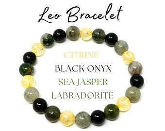 Leo Zodiac Bracelet - Citrine, Black Onyx, Sea Jasper & Labradorite 8 mm Round Leo Crystal Beads (Leo Birthstone Bracelet, Leo Gift)