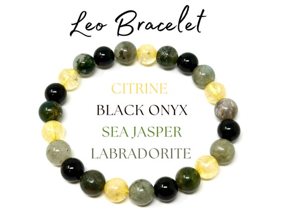 Leo Zodiac Bracelet - Citrine, Black Onyx, Sea Jasper & Labradorite 8 mm Round Leo Crystal Beads (Leo Birthstone Bracelet, Leo Gift)