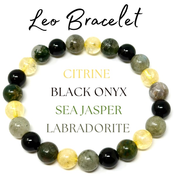 Leo Zodiac Bracelet - Citrine, Black Onyx, Sea Jasper & Labradorite 8 mm Round Leo Crystal Beads (Leo Birthstone Bracelet, Leo Gift)