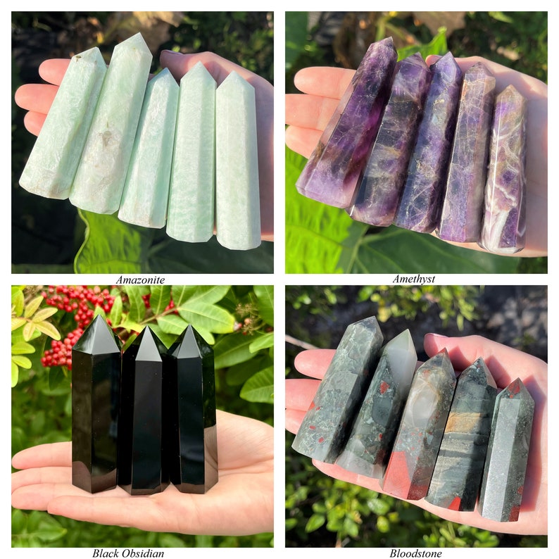 May include: A collection of four sets of polished crystal points. The first set features five pale green amazonite towers, the second shows five purple amethyst points, the third displays three black obsidian towers, and the fourth set includes five multi-colored bloodstone points.