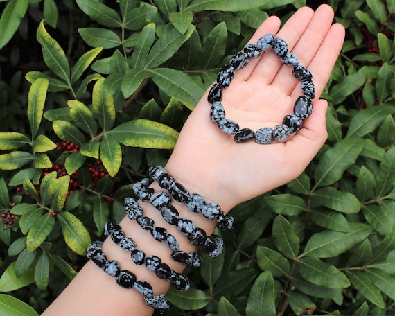 Snowflake Obsidian Tumbled Gemstone Bracelet: 6-8 mm Stones (Snowflake Obsidian Stretch Bracelet, Obsidian Nugget Bracelet, Gift)