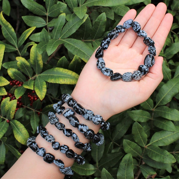 Snowflake Obsidian Tumbled Gemstone Bracelet: 6-8 mm Stones (Snowflake Obsidian Stretch Bracelet, Obsidian Nugget Bracelet, Gift)