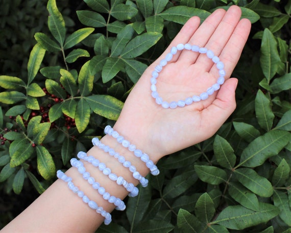 Blue Lace Agate Tumbled Gemstone Bracelet: 6-8 mm Crystals (Premium Grade Stretch Nugget Bracelet)