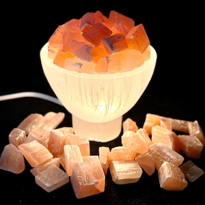 LARGE Selenite Crystal Bowl Lamp With Natural Orange Selenite Chunks - Calming, Cleansing & Energizing (Unique Handcrafted Selenite Light)