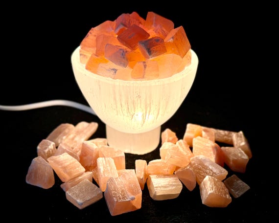 LARGE Selenite Crystal Bowl Lamp With Natural Orange Selenite Chunks - Calming, Cleansing & Energizing (Unique Handcrafted Selenite Light)