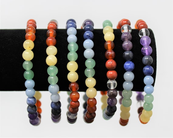 7 Chakra Bead Bracelet: 6 mm Round Gemstone Crystals (Amethyst, Sodalite, Angelite, Aventurine, Calcite, Quartz, Red Jasper, & Carnelian)