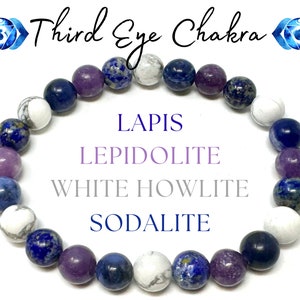 May include: A bracelet made with lapis lazuli, lepidolite, white howlite, and sodalite beads. The bracelet is blue, purple, and white. The text "Third Eye Chakra" is written above the bracelet. The text "LAPIS", "LEPIDOLITE", "WHITE HOWLITE", and "SODALITE" is written below the bracelet.