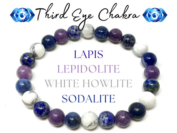 Third Eye Chakra Bracelets - Lapis, Lepidolite, Sodalite & White Howlite 8 mm Gemstone Crystal Beads (Chakra Alignment Bracelets)