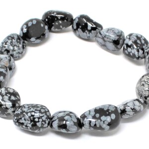 May include: A black and white snowflake obsidian bracelet with smooth, rounded beads.