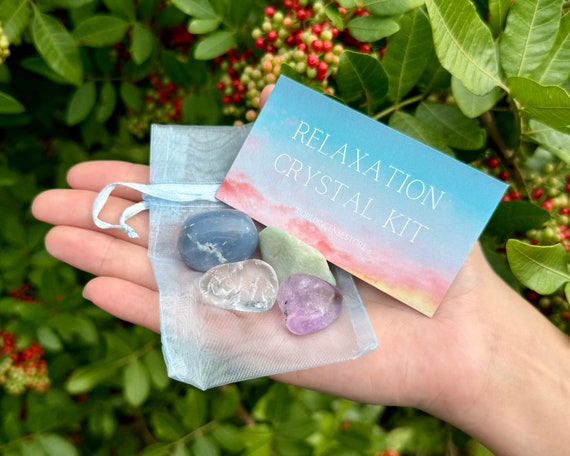 Relaxation Crystal Kit, 4 pcs In Organza Pouch - Most Popular Tumbled Crystals Gift Kits (Calming Chakra Protection Healing Sets)