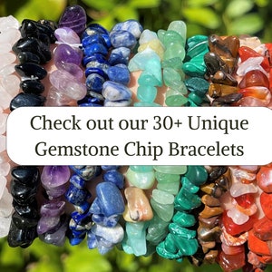 May include: A collection of multiple gemstone chip bracelets featuring various colors including white, black, purple, blue, green, brown, and red. A white rectangular overlay displays the text: Check out our 30+ Unique Gemstone Chip Bracelets.