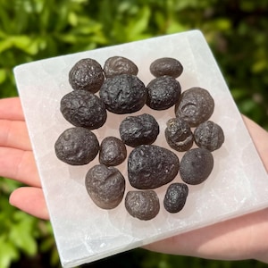 May include: A collection of dark, rounded stones with textured surfaces, displayed on a square, white, polished stone. The stones vary in size and shape, with a range of dark brown to black hues. The background is blurred green foliage.