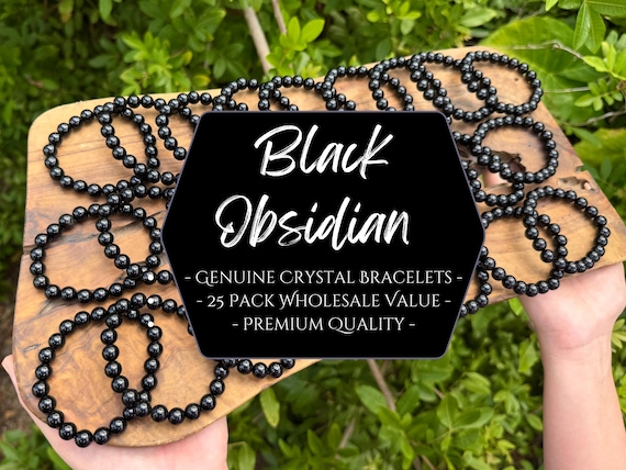 Wholesale Black Obsidian Bead Bracelets Box - 25 Pack of 8 mm Black Obsidian Bracelets (Premium Quality Black Obsidian Crystal Bracelets)