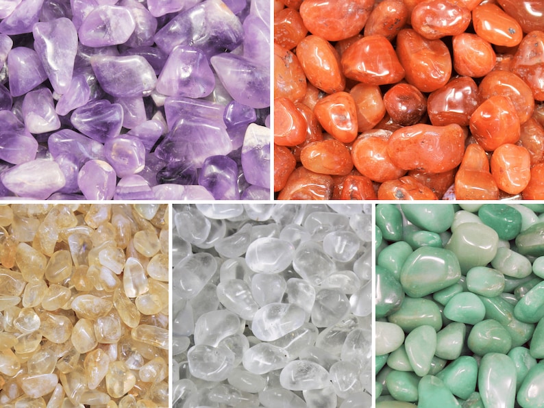 May include: Assortment of tumbled stones in various colors, including amethyst, carnelian, citrine, clear quartz, and green aventurine. The stones are smooth and polished, perfect for use in crafts, jewelry making, or meditation.