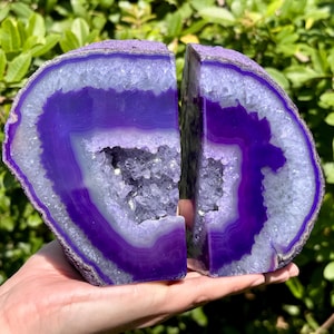 Purple Agate Geode Book Ends, Beautiful Dyed Agate Crystal Bookends With Geode Center - Choose Size (Premium Quality Home Decor Bookends)