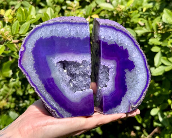 Purple Agate Geode Book Ends, Beautiful Dyed Agate Crystal Bookends With Geode Center - Choose Size (Premium Quality Home Decor Bookends)