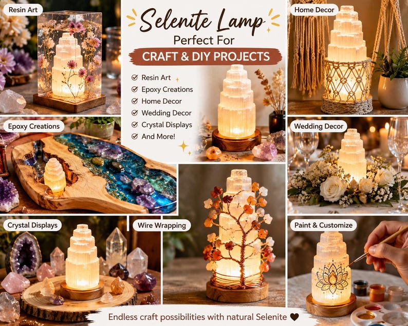 May include: A collection of illuminated selenite lamps in various settings. The lamps are displayed in resin art, epoxy creations, home decor, wedding decor, crystal displays, wire wrapping, and paint & customize projects. The lamps are on wooden bases.