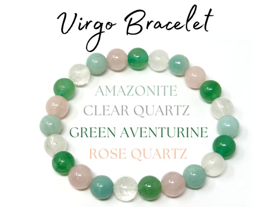 Virgo Zodiac Bracelet - Amazonite, Clear Quartz, Green Aventurine & Rose Quartz 8 mm Round Virgo Crystal Beads (Virgo Birthstone Bracelet)