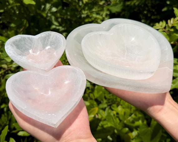 Selenite Heart Crystal Bowls - Choose 3.5", 4", 6" or 8" Size - Decorative Charging Bowl for Altar Decor