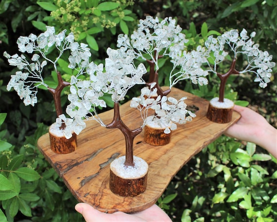 Clear Quartz Gem Tree With Wood Base, 7" Tall With 160 Crystal Chips (Crystal Tree, Tree of Life, Gemstone Tree, Bonsai Tree, Home Decor)