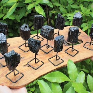 Black Tourmaline On Stand - Natural Rough Black Tourmaline Log Mini Pin (Raw Tourmaline Crystal on Metal Stand, Home Protection Crystals)