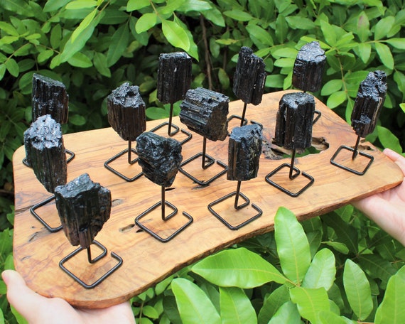 Black Tourmaline On Stand - Natural Rough Black Tourmaline Log Mini Pin (Raw Tourmaline Crystal on Metal Stand, Home Protection Crystals)