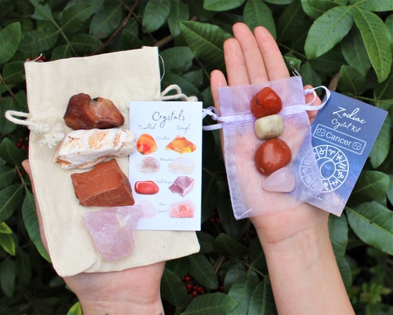 Cancer Zodiac Crystal Kit, 4 Birthstones in an Organza Pouch: You Choose Rough or Tumbled Stones, or Both! (Crystal Gift Kits)