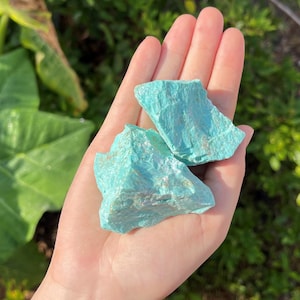 K&ouml;nnte beinhalten: Zwei St&uuml;cke rohen T&uuml;rkis-Edelsteins, gehalten in einer Hand. Die Steine haben eine leuchtende, hellblau-gr&uuml;ne Farbe mit einer rauen, strukturierten Oberfl&auml;che. Der Hintergrund ist verschwommen und zeigt gr&uuml;nes Laub.