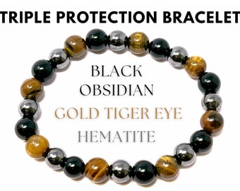 Triple Protection Bracelet: Tiger Eye, Black Obsidian, & Hematite 6, 8, or 10 mm Round Protection Crystals (Gemstone Stretch Bracelet)