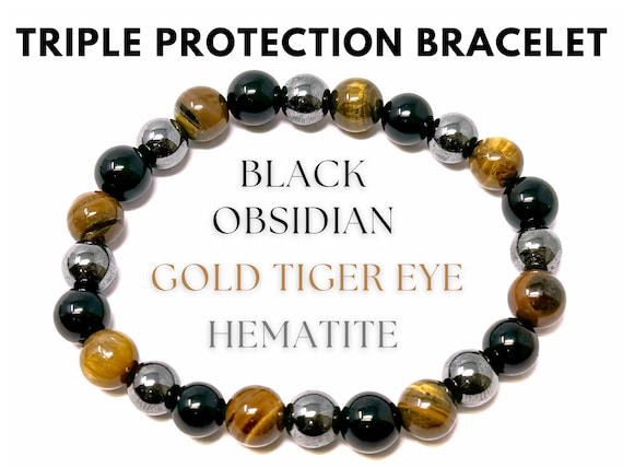 Triple Protection Bracelet: Tiger Eye, Black Obsidian, & Hematite 6, 8, or 10 mm Round Protection Crystals (Gemstone Stretch Bracelet)