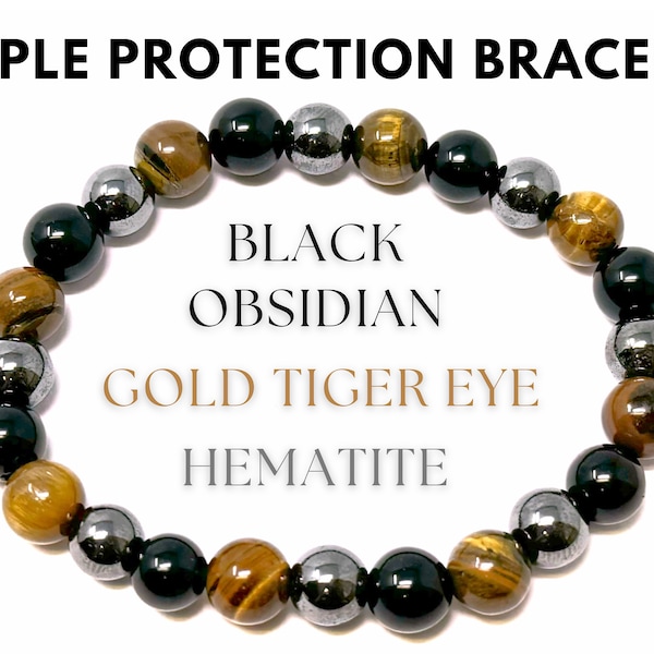 Triple Protection Bracelet: Tiger Eye, Black Obsidian, & Hematite 6, 8, or 10 mm Round Protection Crystals (Gemstone Stretch Bracelet)