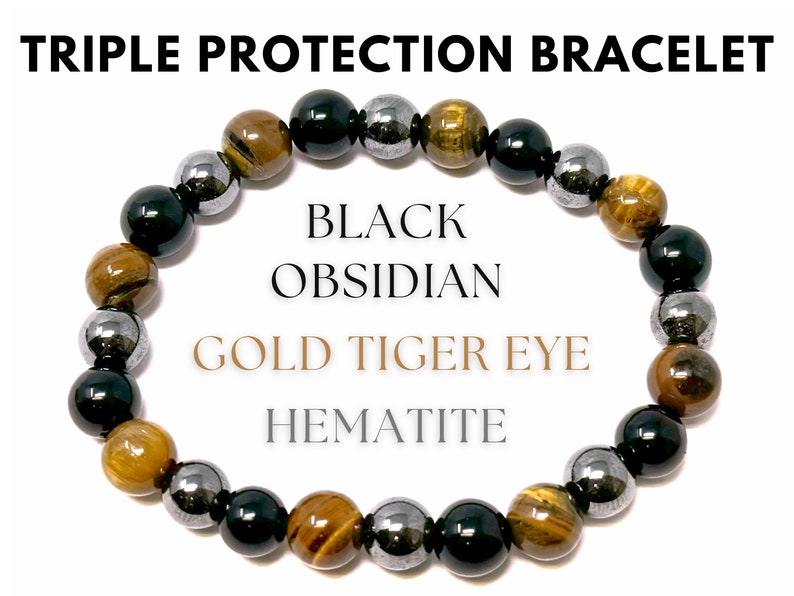 Triple Protection Bracelet: Tiger Eye, Black Obsidian, & Hematite 8 mm Round Protection Crystals