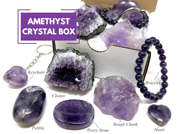 Amethyst Lover Crystal Gift Box - Bracelet, Heart, Worry Stone, Keychain, Raw and Polished Amethyst Gemstones - CRAZY VALUE (Amethyst Box)