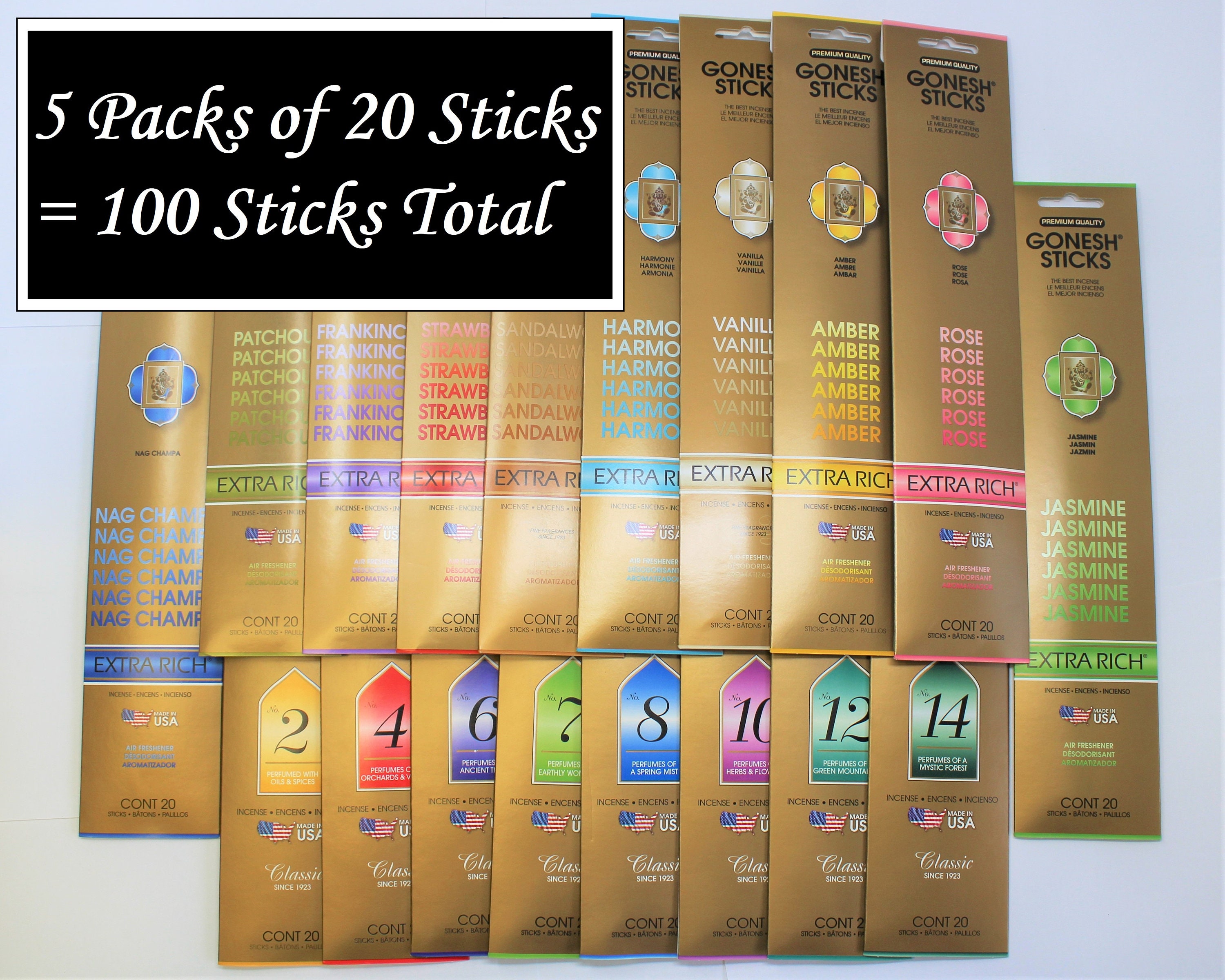 Gonesh Incense Sticks 5 Packs x 20 Stick (100 Sticks) Choose Scent or