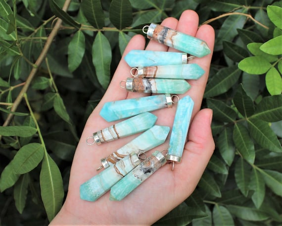 Caribbean Calcite Point Pendant - 'AAA' Quality Pendants With Sterling Silver Cap (Caribbean Calcite Pendant, Caribbean Calcite Crystal)