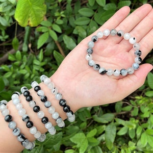 Quartz with Tourmaline Bead Bracelet: 8 mm Round Crystals (Black Rutilated Quartz Bracelet, Premium Grade Stretch Gemstone Bracelet)