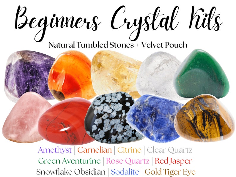 10 Beginners Crystal Gemstones. Amethyst, Carnelian, Citrine, Clear Quartz, Green Aventurine, Rose Quartz, Red Jasper, Snowflake Obsidian, Sodalite and Gold Tiger Eye.