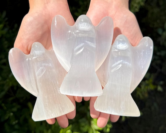 LARGE Selenite Crystal Angels - 4" Free Standing Selenite Angel Carving - Altar, Meditation & Shelf Decor