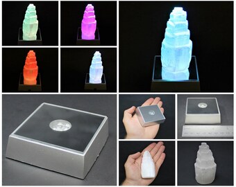 4" Selenite Tower PLUS LED Light Base - Multi Color LED Light Base & Selenite Skyscrapper (Crystal, Selenite Iceberg, Crystal Tower)