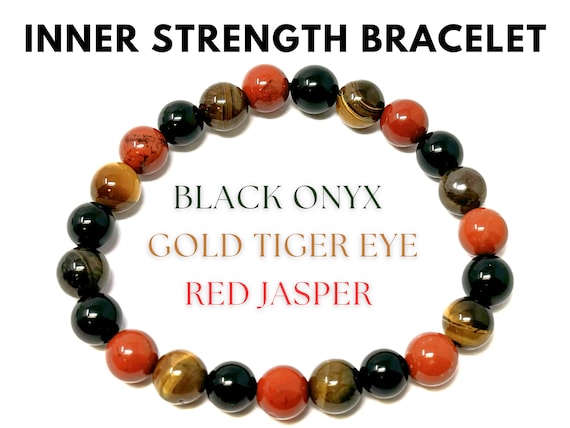 Inner Strength Bracelet: Red Jasper, Gold Tiger Eye, & Black Onyx 8 mm Round Strength and Inner Power Crystals (Gemstone Bracelet, Gift)