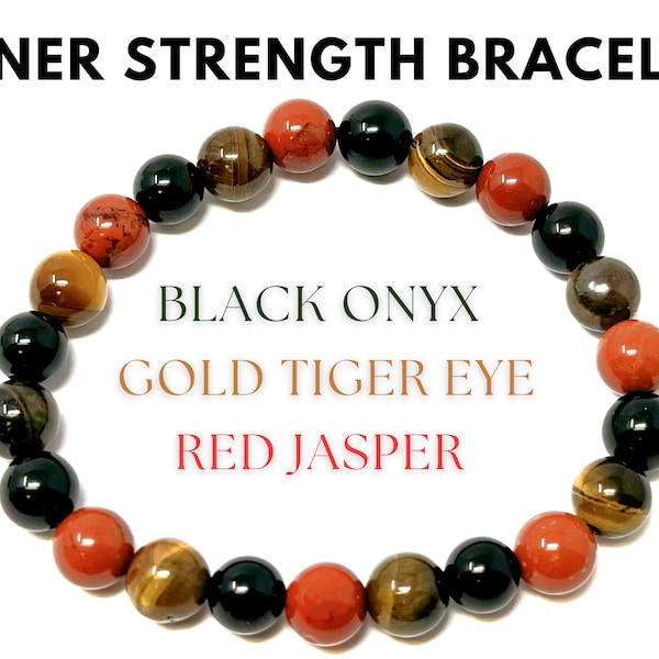 Inner Strength Bracelet: Red Jasper, Gold Tiger Eye, & Black Onyx 8 mm Round Strength and Inner Power Crystals (Gemstone Bracelet, Gift)