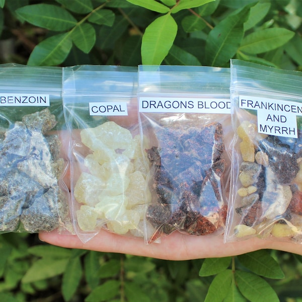 Resin Incense Sampler Set of 4: Frankincense and Myrrh - Benzoin - Copal - Dragons Blood (Resin Incense Kit, Gift, Starter Kit)