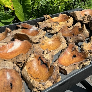 May include: A collection of wooden bowls made from natural tree roots. The bowls are various sizes and shapes, with a natural wood finish.
