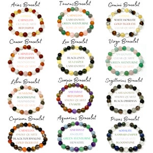 Zodiac Crystal Bracelets - Natural Zodiac Sign 8mm Gemstone Bead Bracelets - Choose Your Sign (Zodiac Healing Bracelet, Birthstone Bracelet)