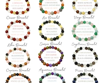 Zodiac Crystal Bracelets - Natural Zodiac Sign 8mm Gemstone Bead Bracelets - Choose Your Sign (Zodiac Healing Bracelet, Birthstone Bracelet)