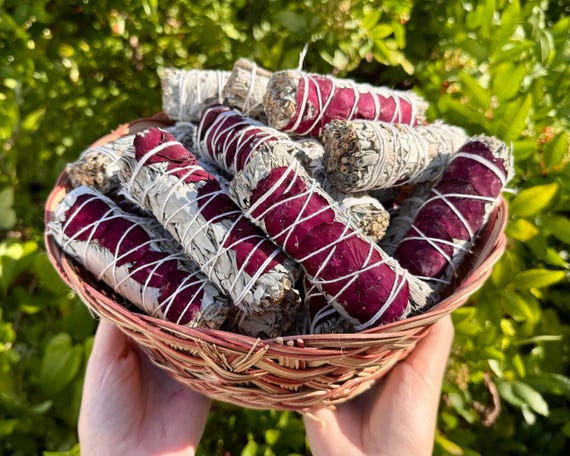 White Sage & Rose Petals Smudge Sticks - Choose How Many 4" Sticks, Wholesale Bulk Lots (Fresh Premium Quality Sage Bundles)