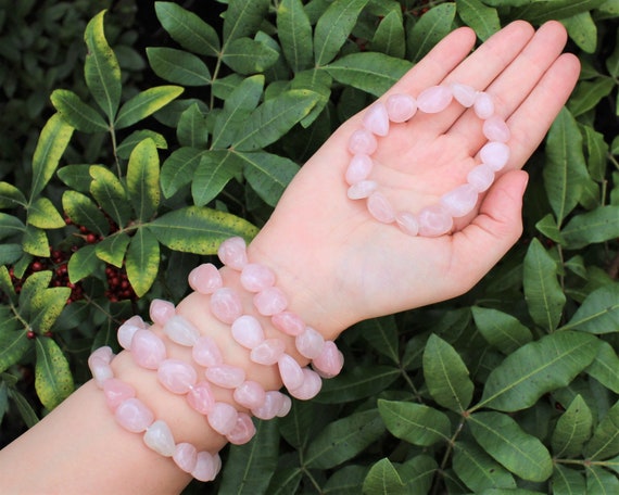 Rose Quartz Tumbled Gemstone Bracelet: 6-8 mm Stones (Premium Grade Stretch Nugget Bracelet, Love Stone)