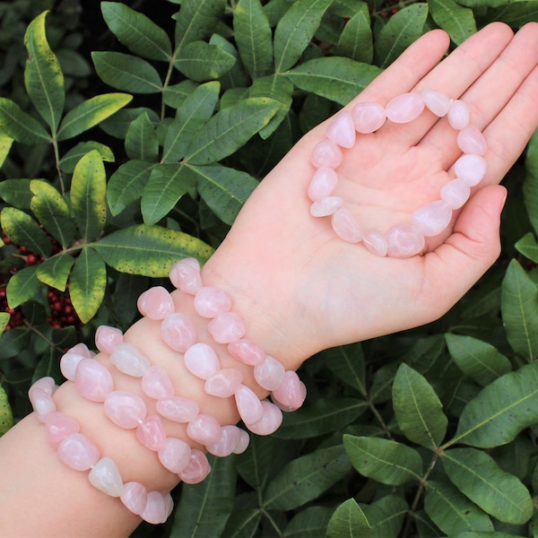 Rose Quartz Tumbled Gemstone Bracelet: 6-8 mm Stones (Premium Grade Stretch Nugget Bracelet, Love Stone)