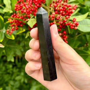 Pu&ograve; includere: Una punta di cristallo nera e verde, anche conosciuta come bacchetta, &egrave; tenuta in una mano. Il cristallo &egrave; liscio e lucido.