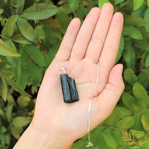 May include: A black tourmaline pendant necklace with a silver chain. The tourmaline is a dark, opaque stone with a rough, textured surface. The necklace is held in a hand against a backdrop of green leaves.